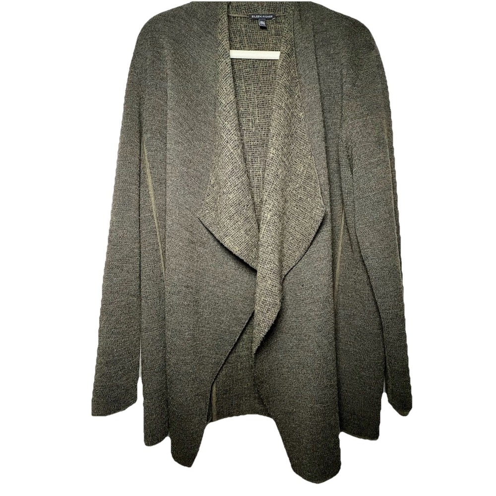 Eileen Fisher 100% Merino Wool Sweater Cardigan Open Wear Sz XL Gray Olive Green